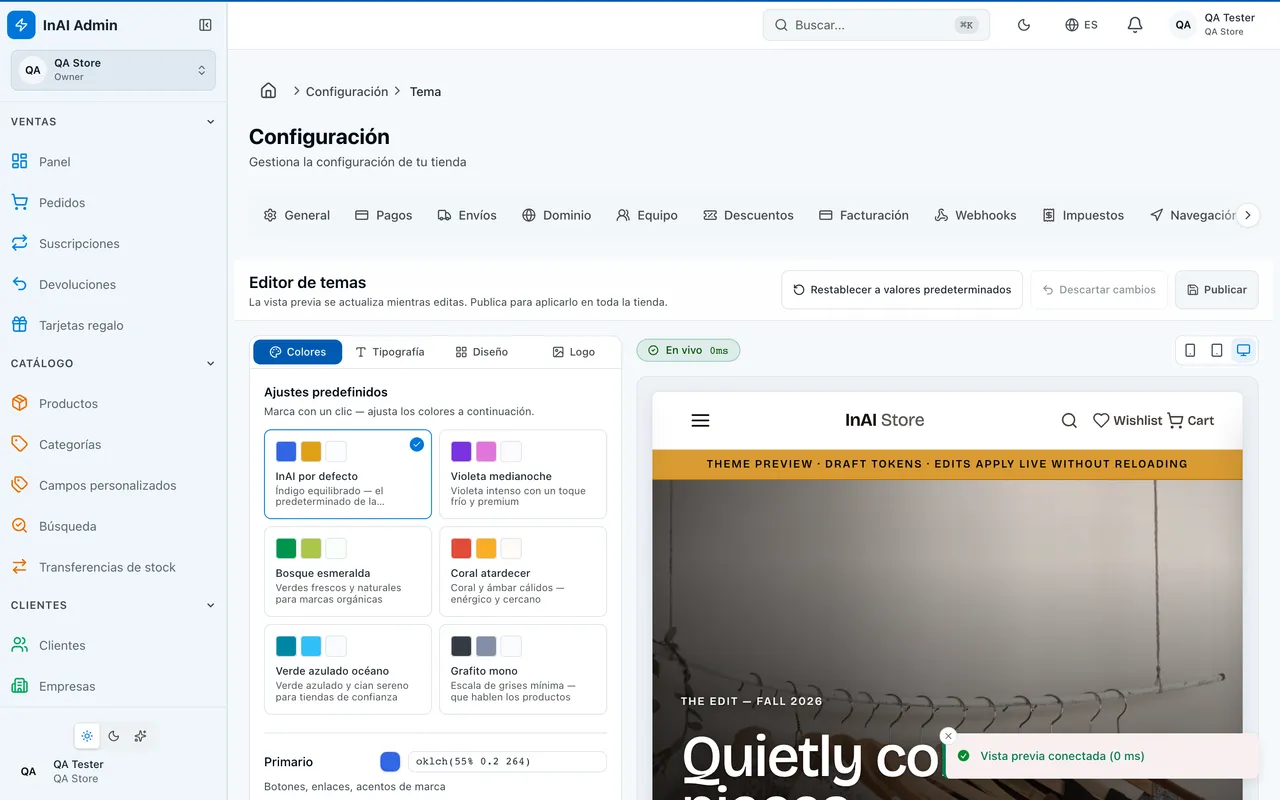The InAI Shop theme builder with design controls beside a live preview of the demo storefront.
